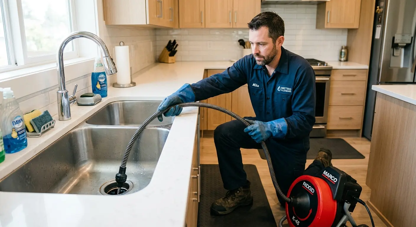 Drain cleaning technician using a motorized snake on a kitchen sink in Middlesex