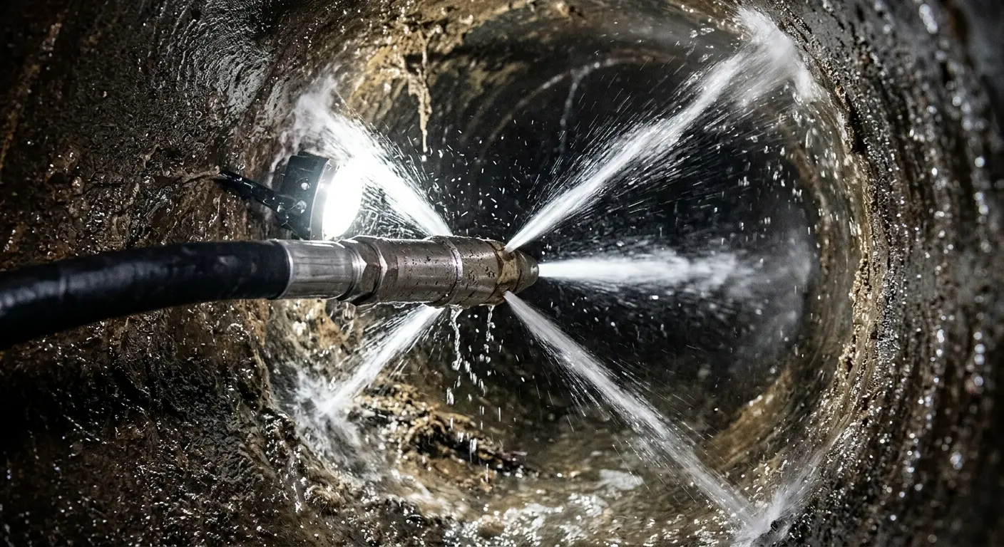 High-pressure hydro jetting nozzle cleaning sewer pipe for Emergency Drain Service in Middlesex
