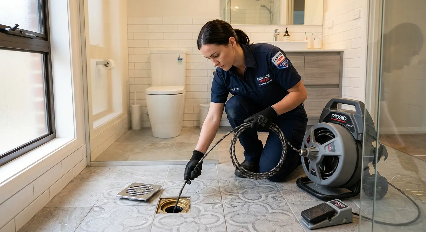 Technician clearing a bathroom floor drain for Sewer Line Replacement in Middlesex